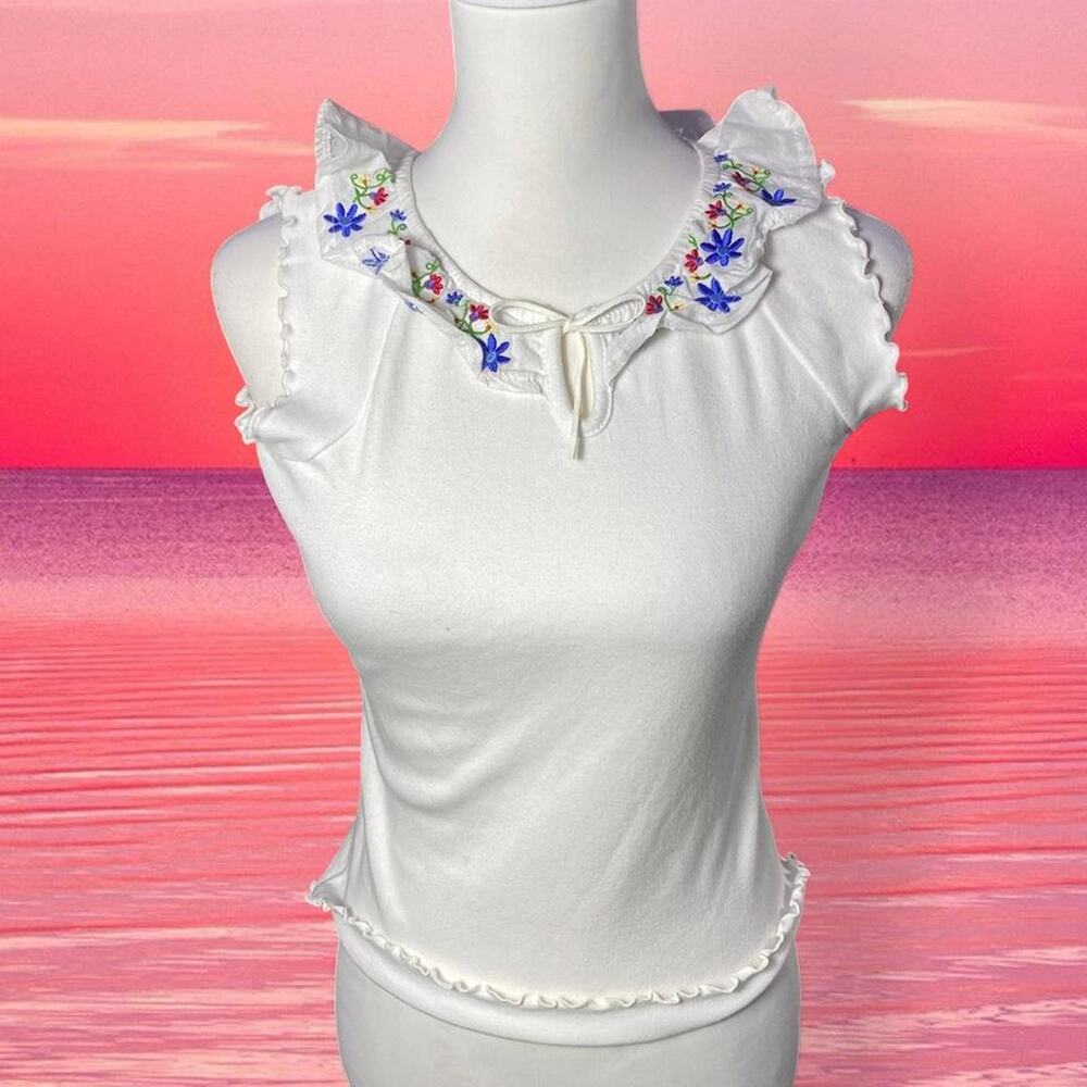 Y2k Jordache Embroidered Floral Ruffled Tank